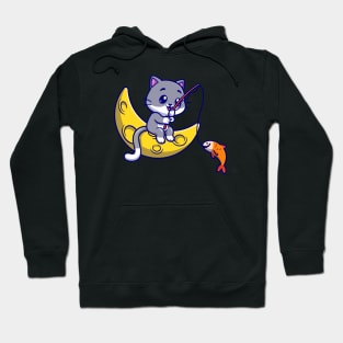 Cute Cat Fishing On Moon Cartoon Hoodie